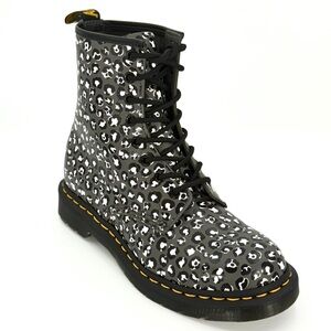 DR MARTENS GUNMETAL 1460 LOUD LEOPARD Leather Lace Up Boots Women’s 8L  27652